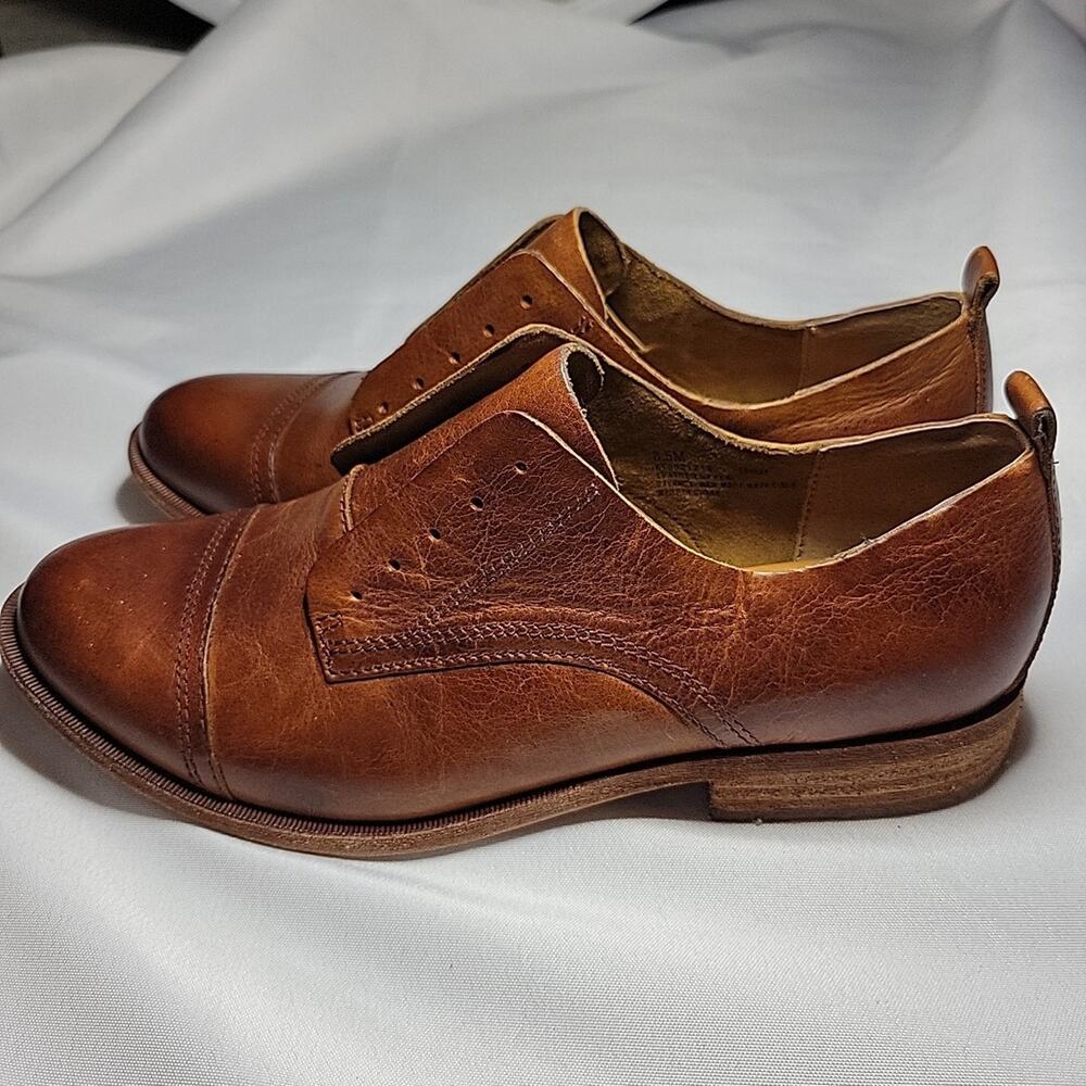 Kork-Ease Rori Oxford Shoe Women Tan Rum Leather Cap Laceless Up Slip On Flat - Picture 5 of 11
